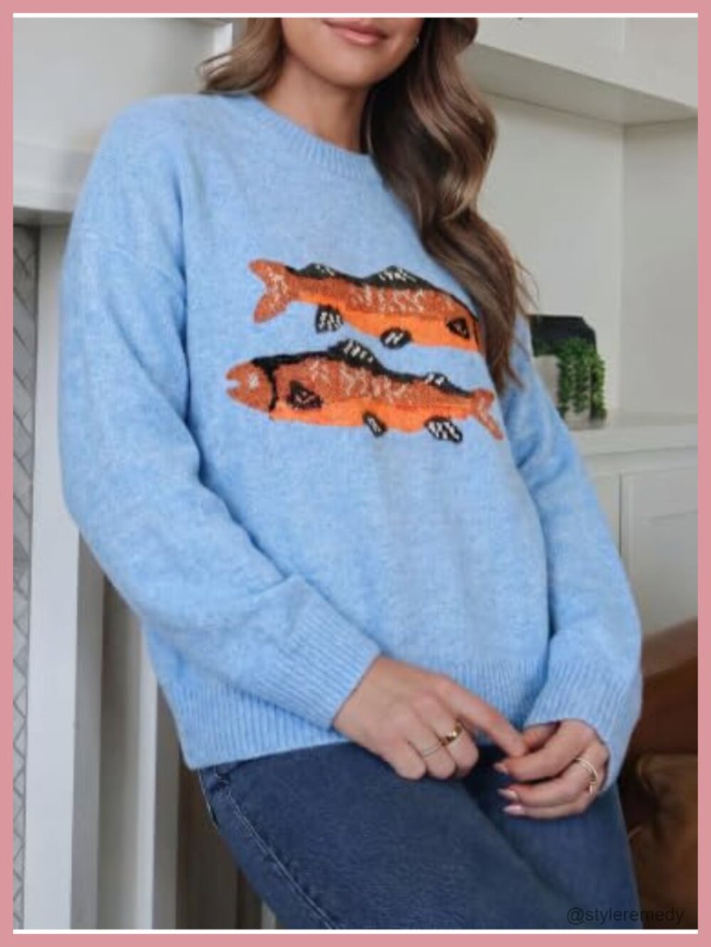 Women's Fish Graphic Sweater Long Sleeve Crew Neck Pullover Casual Knit - Picture 2 of 6
